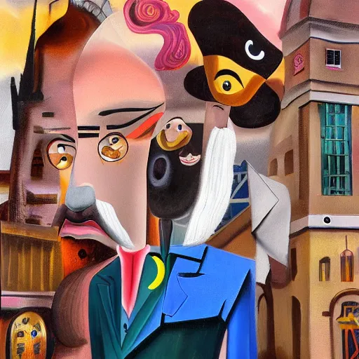 Image similar to picture with abstract elements, man with moustache following princess in the town from 18th century by salvador dali, 4k, painting, artstation