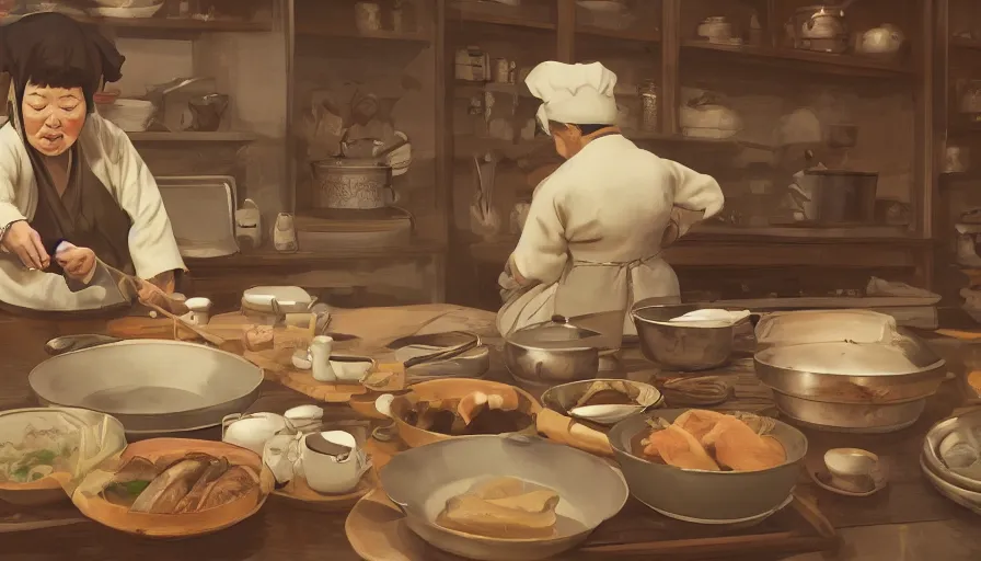 Image similar to old japanese lady cooking, old 1 9 0 0's kitchen, pan and plates, hyperdetailed, artstation, cgsociety, 8 k