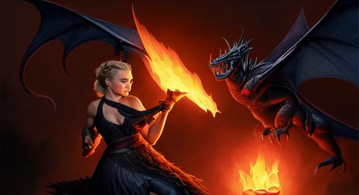 Image similar to Hayden Panettiere fighting a black dragon in a dark cave lit by fire explosions, D&D, fantasy, intricate, elegant, highly detailed, digital painting, artstation, concept art, matte, sharp focus, illustration, hearthstone, art by Artgerm and Greg Rutkowski and Alphonse Mucha