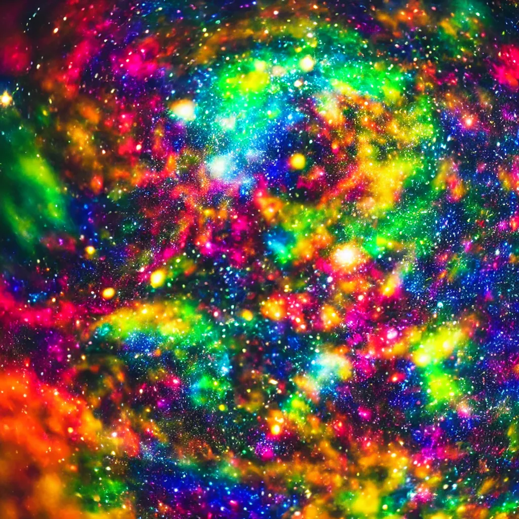 Prompt: close up photo of a glass bottle that is filled with a colorful universe, studio photo, epic composition