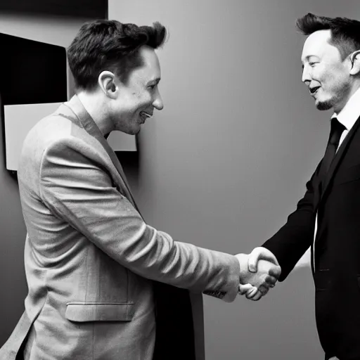 Image similar to morgan freeman shaking hands with elon musk, grayscale photography, black and white