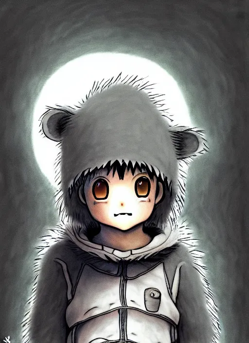 Image similar to beautiful little boy wearing an cyborg bear suit, artwork in kentaro miura and made in abyss and rosdraws, smooth, beautiful lightness, anatomically correct, trending on pixiv, forest