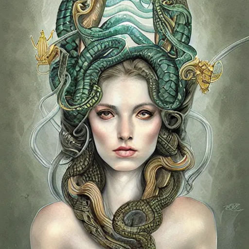 Image similar to realistic mythological greek medusa, snakes on the head, by anna dittmann