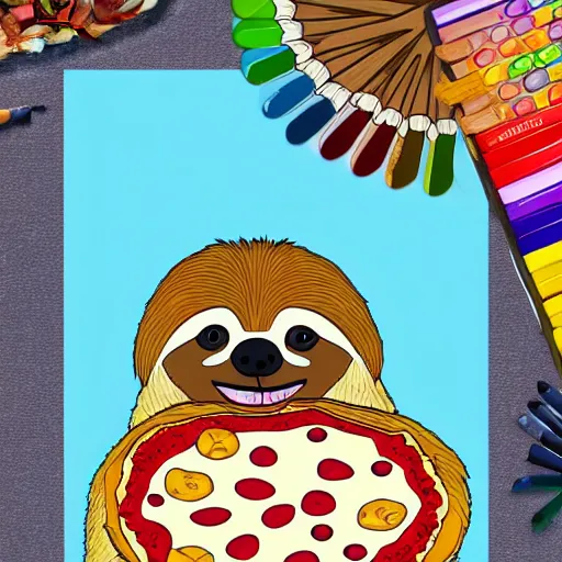 Prompt: a coloring book picture of a sloth eating a pizza