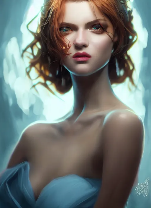 Image similar to beautiful fashion goddness, strapless dress, character portrait in the style of thomas river and artgerm, wlop, cinematic lighting, hyperdetailed, 8 k realistic, symmetrical, global illumination, radiant light, halo, love and mercy, frostbite 3 engine, cryengine, dof, trending on artstation, digital art, chanel