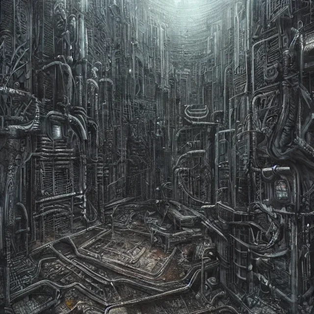 Prompt: dystopian cyberpunk ruins, hr giger, giger, mist, detailed