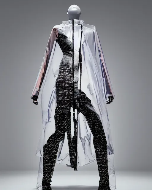 Image similar to an award winning fashion photograph of Balenciaga's transparent raincoat by Catherine Opie and Hajime Sorayama, Demna Gvasalia, cyberpunk, futuristic, Bladerunner 2049, dazzle camouflage!