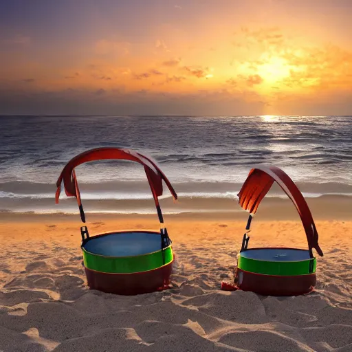 Prompt: two oblong woks on a beach, photorealistic, 8k