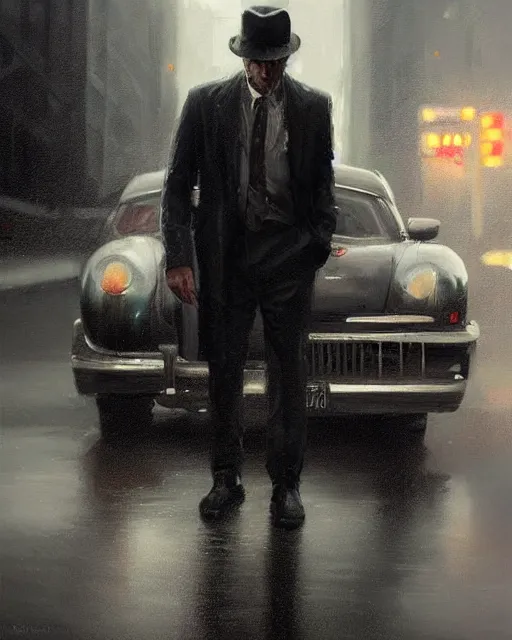 Image similar to Hyper realistic oil painting of a noir detective in his car, hyper detailed, gloomy, moody lighting, by greg rutkowski, trending on artstation