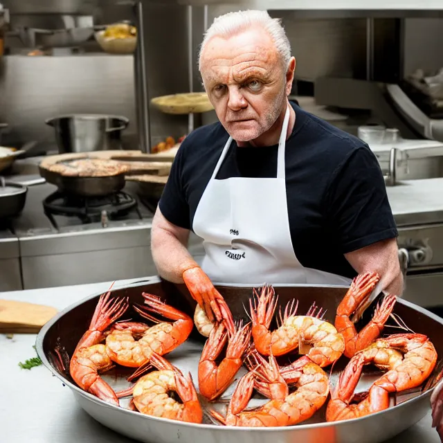 Image similar to anthony hopkins cooking king prawns in a large photo realistic pan