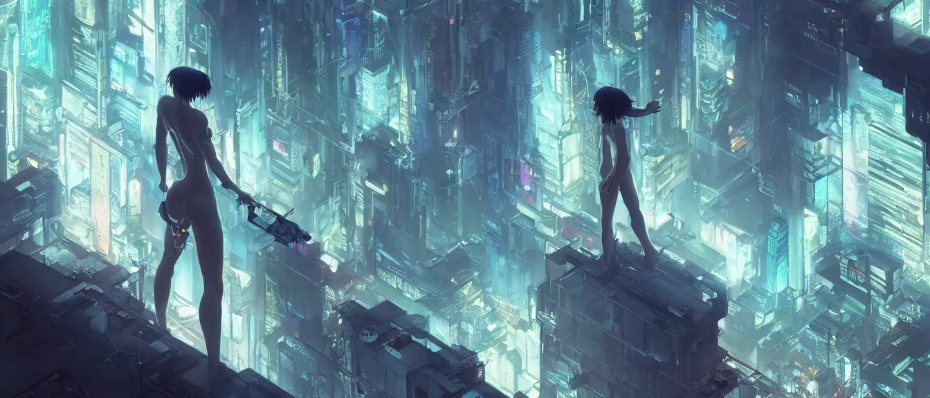 Prompt: ghost in the shell, unreal engine, fantasy art by greg, loish, rhads, ferdinand knab, makoto shinkai, lois van baarle, ilya kuvshinov, rossdraws, tom bagshaw, global illumination, radiant light, highly detailed intricate environment, isometric, onstudio ghibli, octane render, 8 k