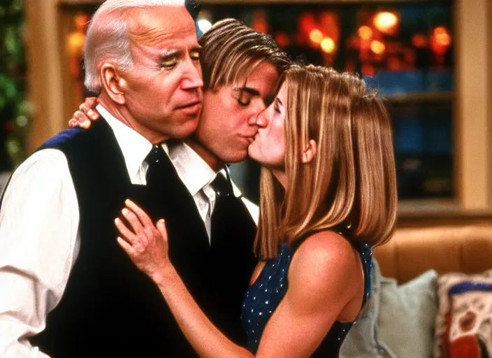 Prompt: film still of joe biden kissing rachel green on the cheek in the show friends