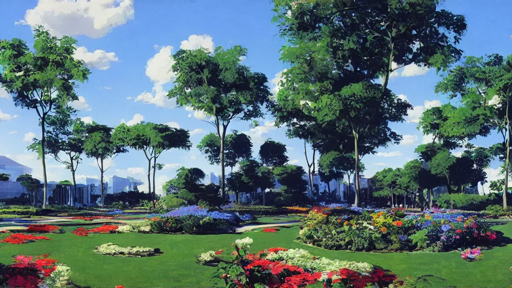 Image similar to an artificial garden with blue skies, landscape, syd mead,