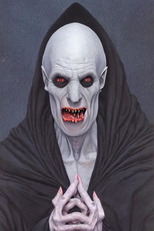 Image similar to a bald vampire wearing a long black robe with large bat ears huge black eyes and gray skin, character art, nosferatu, painting by wayne barlowe