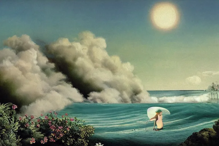 Prompt: vintage magazine illustration of a dreamy beach scene on a hot summer evening, by carel willink and gregory crewdson, big waves, surf