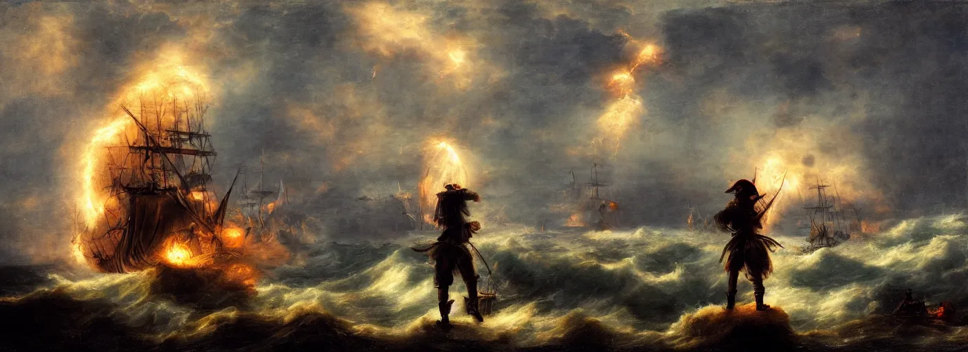 Prompt: a pirate standing on his ship, watching big explosions on the wild sea, dramatic atmosphere