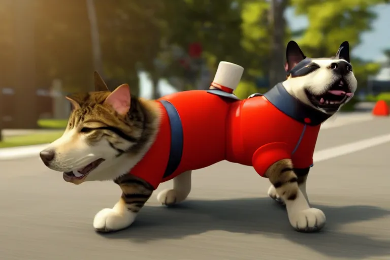 Image similar to A dog dressed as a cat driving a car, Gorgeous art, childish, Trending on Artstation, Unreal Engine 5, High-octane dog action, the dog is disguised as a cat