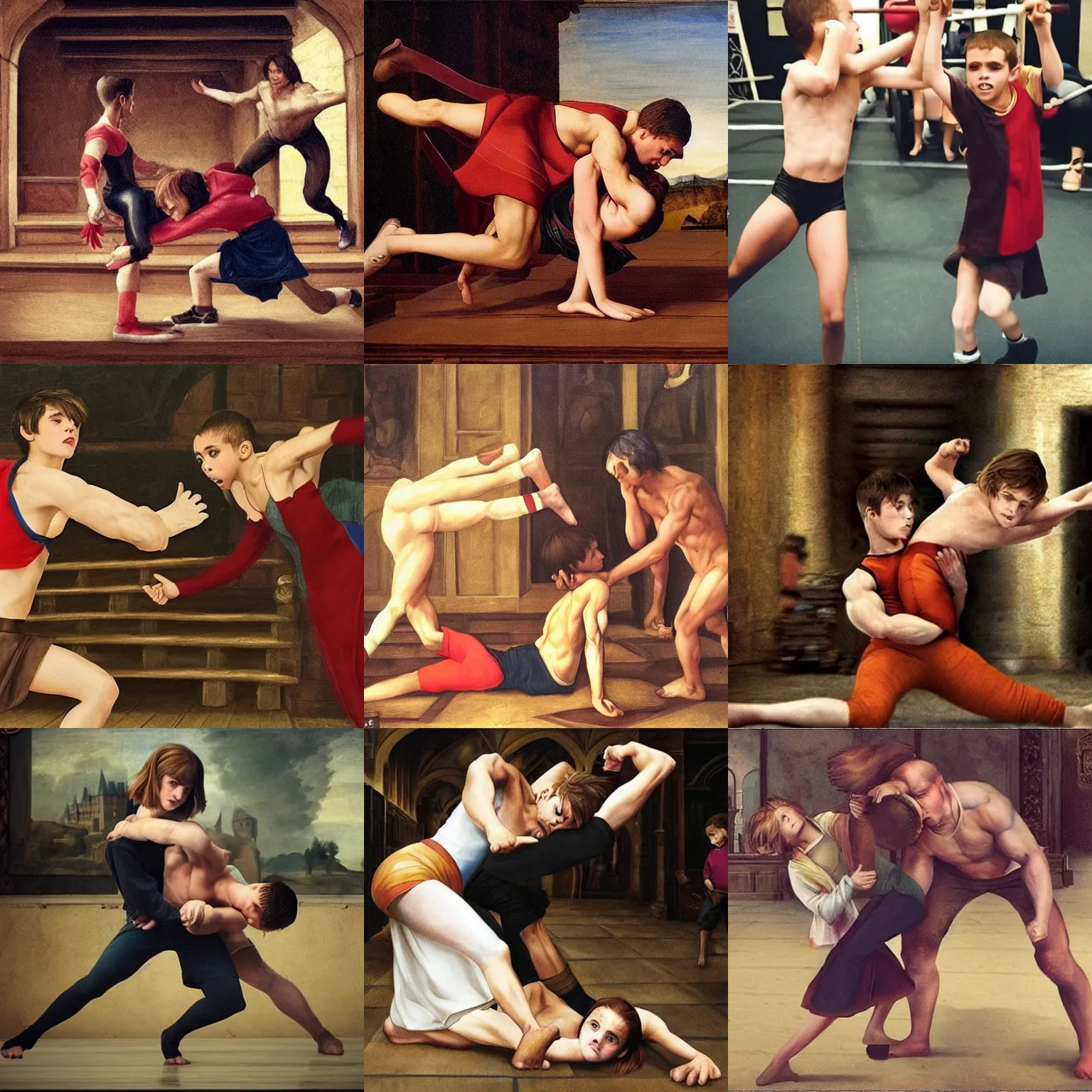 Prompt: emma watson and boy harry potter wrestling in a gym, a renaissance painting by mac conner, instagram contest winner, arabesque, masculine, dynamic pose, contest winner