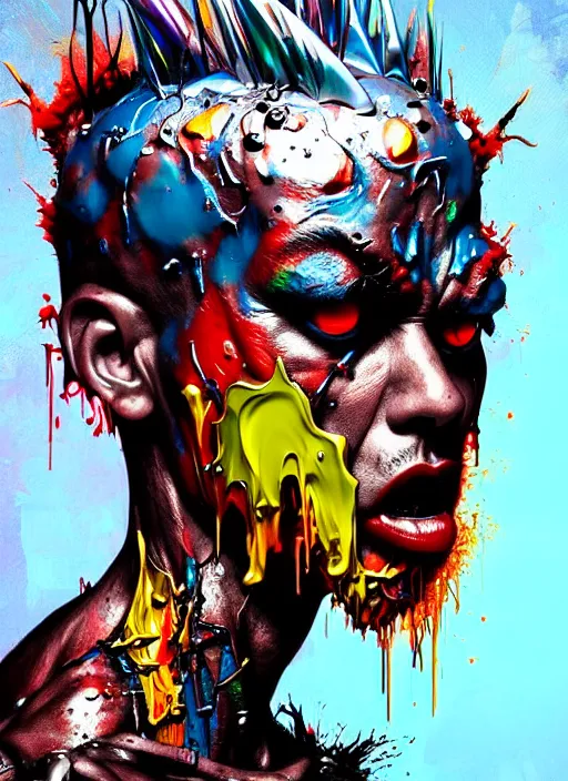 Prompt: angry man head made of melting metal, colourful, paint melting, mohawk, vogue cover style, greg rutkowski style, demonic style, artgerm style, basquiat style