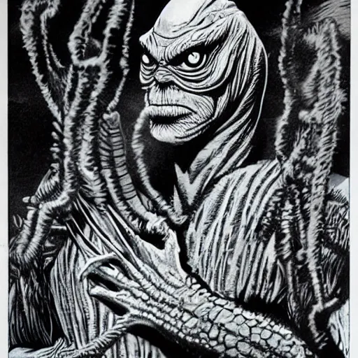 Prompt: gill - man from creature of the black lagoon by gerald brom and andy warhol