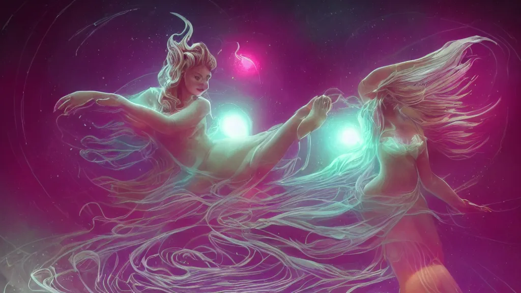 Image similar to a beautiful whimsical goddess floating above a lake basking in the moonlight, casting a spell, underneath a multi-colored binary blackhole with an accretion disc, glowing trails following her arms, acidwave, by Lois van Baarle, by Greg Rutkowski, by artgerm, by beeple, by studio ghibli, cinematic angle, volumetric lighting, 4k resolution, octane render, trending on artstation, masterpiece