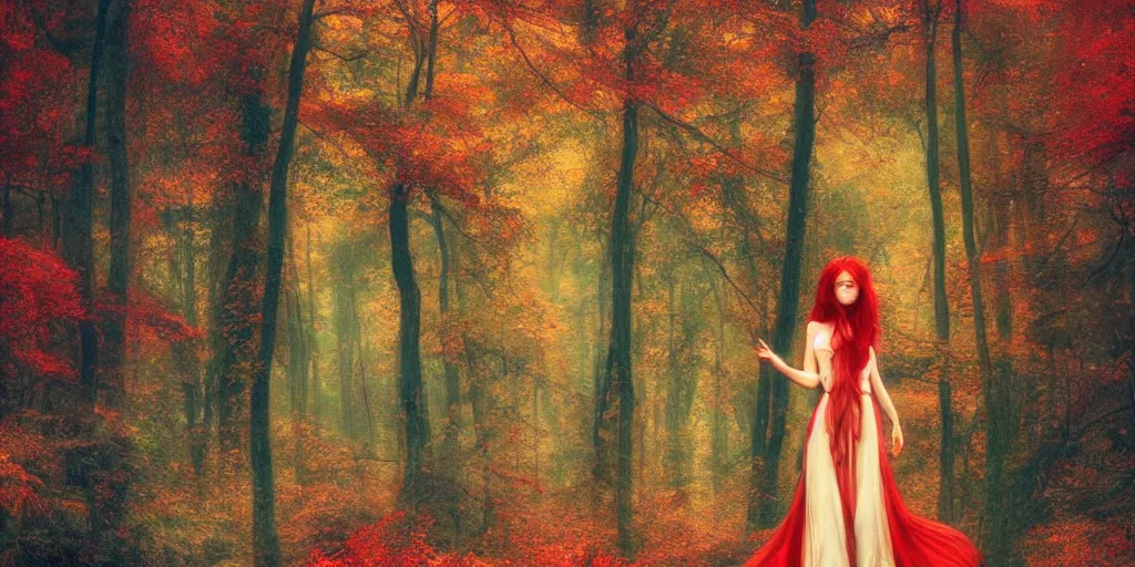 Image similar to a beautiful illustration of a red head female in a forest, autumn, cinematic composition, mist, style of yoshitaka amano and alfons mucha