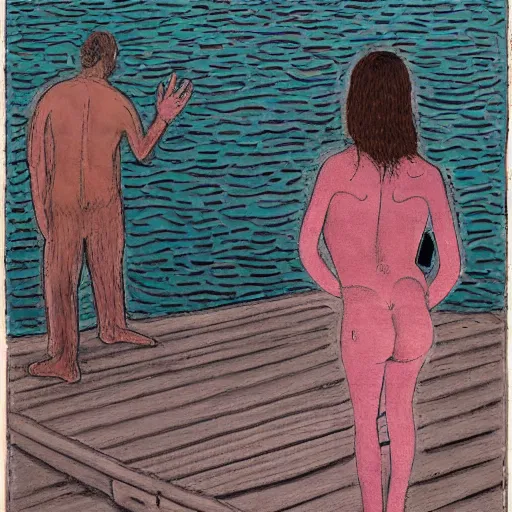 Image similar to A beautiful installation art of a man and a woman are standing on a dock, looking out at a body of water. The woman has her hand on the man's shoulder, and they appear to be deep in conversation. The colors in the installation art are muted, and the scene has a calming feeling. by Jean Dubuffet, by M.W. Kaluta realist, balmy