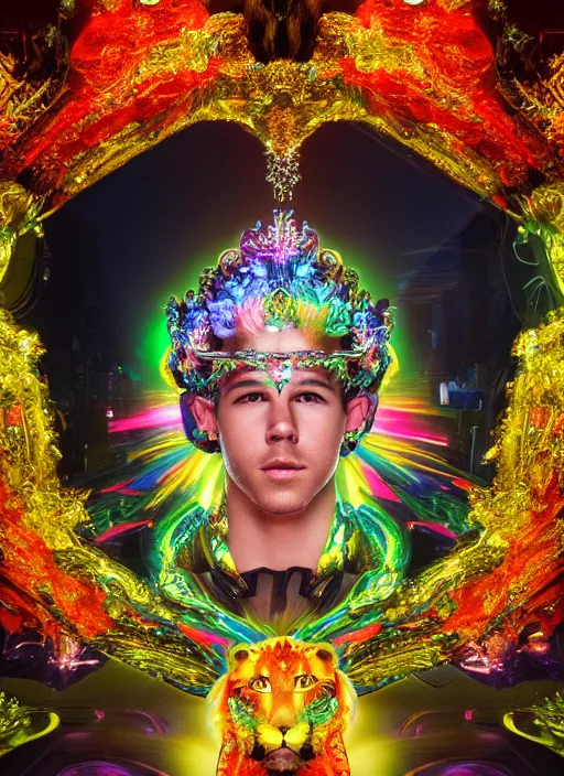 Image similar to photo of baroque and bladerunner delicate neon emerald sculpture of seductive prince nick jonas tigers orange iridescent humanoid deity wearing metallic jungle leaves holding the sun prismatic dungeon, glowing rainbow face, crown of white diamonds, cinematic lighting, photorealistic, octane render 8 k depth of field 3 d