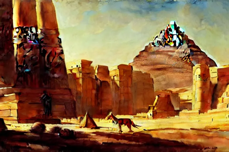 Image similar to beautiful landscape of ancient cairo egypt giant satue of anubis in the forground pyramids in the background, art by anders zorn, wonderful masterpiece by greg rutkowski, beautiful cinematic light, american romanticism thomas lawrence, greg rutkowski