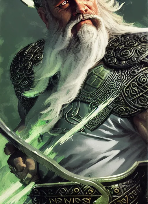 Prompt: odin scandinavian god, symmetrical face, romantic, wisdom, magical, vikings myth, masterpiece, side profile, dark armor, luminescent, sickly green colors, by greg manchess, huang guangjian, gil elvgren, sachin teng, greg rutkowski, jesper ejsing, ilya kuvshinov, dnd