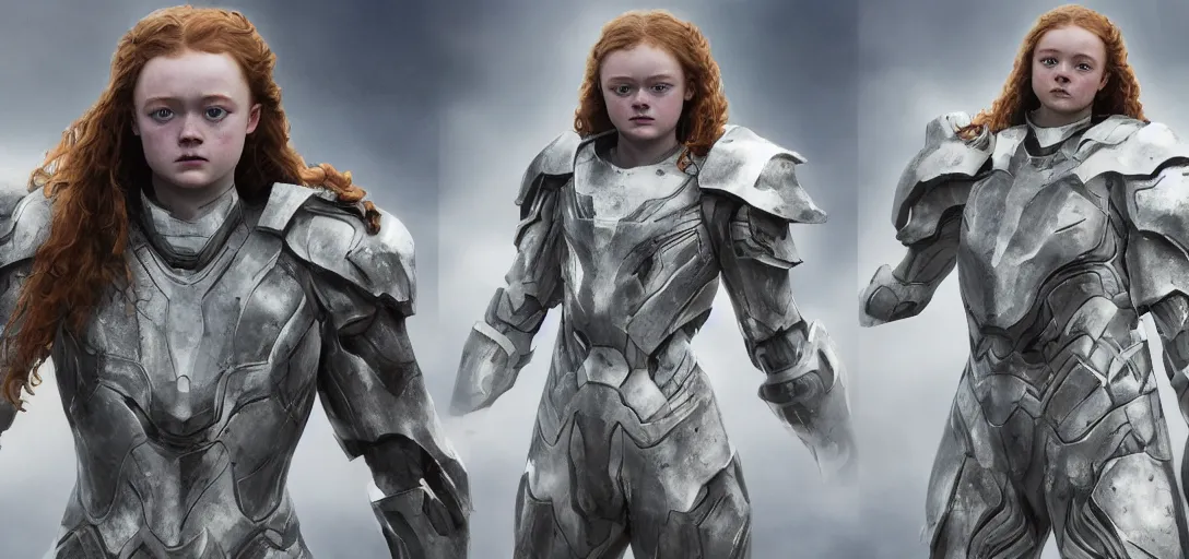 Image similar to character sheet concept art of sadie sink in white mjolnir halo armor, realistic, hyperrealistic, photographic, costume, wlop, dan mumford, greg rutkowski, high detail, octane render, alexander mcqueen, james gurney, james jean, mucha, photo, 8 k, intricate