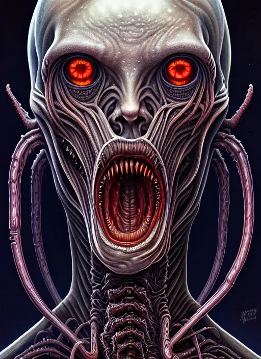 Prompt: symmetry!! portrait of gruesome alien, cosmic horror!! lovecraftian horror, intricate, horror!! highly detailed, digital painting, artstation, giger concept art, smooth, sharp focus, illustration, art by artgerm and greg rutkowski and junji ito, 8 k