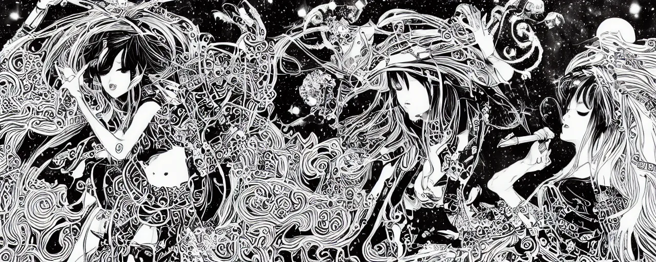 Image similar to musical goddess performing in Misono Universe, psychedelic poster in the style of , artgerm, Yoshio Awazu, Riyoko Ikeda, 3d render, artstation trending, black and white, detailed penwork