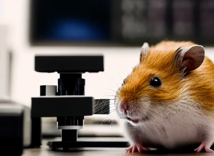 Image similar to film still of a hamster working in a research lab using a tiny microscope, 8 k