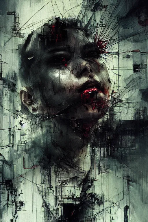 Image similar to screaming cyberpunk, wires, machines by emil melmoth zdzislaw belsinki craig mullins yoji shinkawa realistic render ominous detailed photo atmospheric by jeremy mann francis bacon and agnes cecile ink drips paint smears digital glitches glitchart