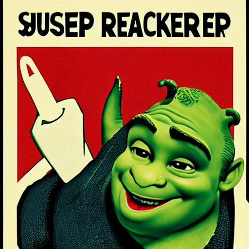 Image similar to 1 9 5 0 s style labor poster of shrek working as a retail worker