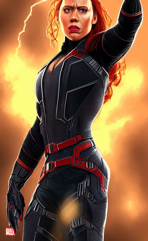 Image similar to portrait of the rock as black widow from the avengers infinity war, character concept art, hyperrealistic, detailed, accurate illustration, dramatic lighting, action pose