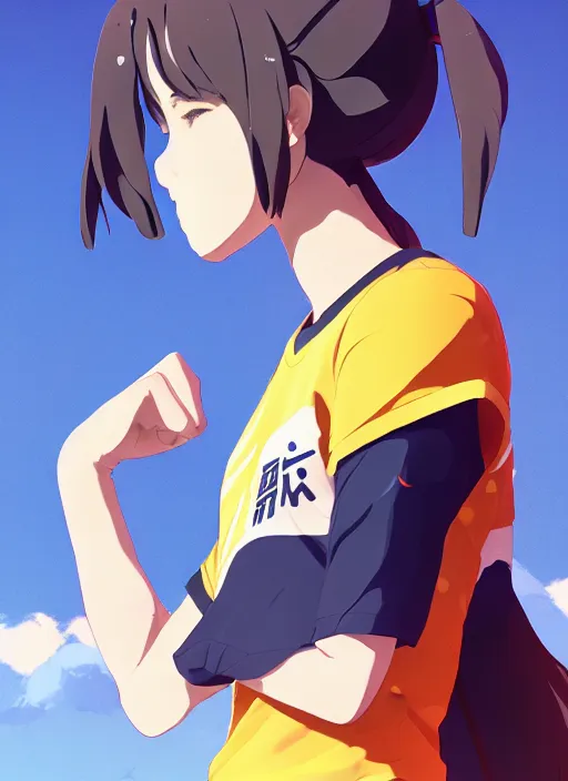 Prompt: side portrait of high school runner girl, sunny sky background stadium landscape illustration concept art anime key visual trending pixiv fanbox by wlop and greg rutkowski and makoto shinkai and studio ghibli and kyoto animation symmetrical facial features sports clothing marathon race nike shirt