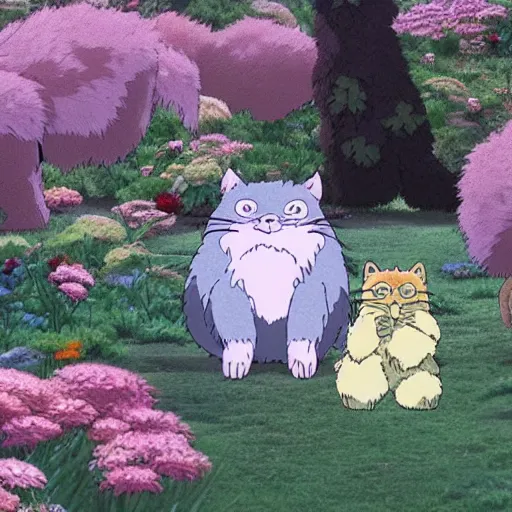 Image similar to furr creature in the flowers made by studio ghibli, beautiful scene, detailed, high quality