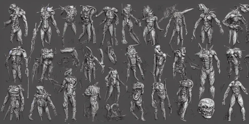 Prompt: highly detailed character sheet, expressive features, technical drawing, side view, human game protagonist designs, side - scrolling 2 d platformer, art by h. r. giger, kim jung gi and burne hogarth