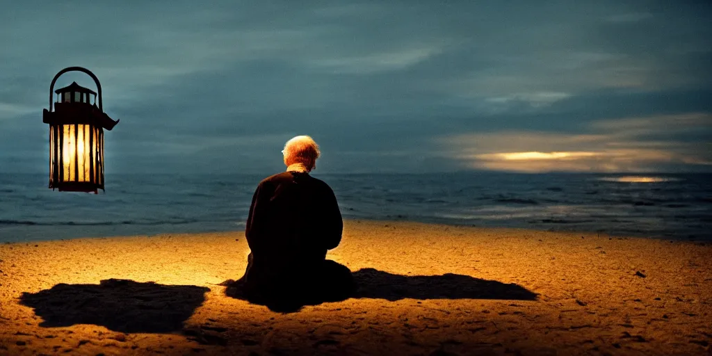 Image similar to film still of closeup old man holding up lantern by his beach hut at night. pirate ship in the ocean by emmanuel lubezki