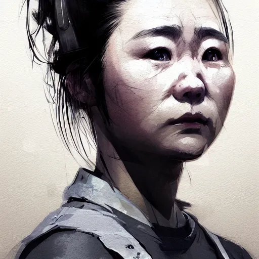 Image similar to portrait of a short muscular Japanese woman with a short ponytail wearing a gray t shirt and a work apron, dramatic lighting, illustration by Greg rutkowski, yoji shinkawa, 4k, digital art, concept art, trending on artstation