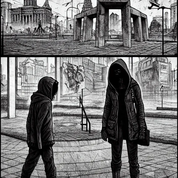 Image similar to storyboard : sadie sink in hoodie sits on long bench in ruined square, pedestrians walk by, soviet monument and propaganda posters. scifi cyberpunk. by gabriel hardman. cinematic atmosphere, detailed and intricate, perfect anatomy