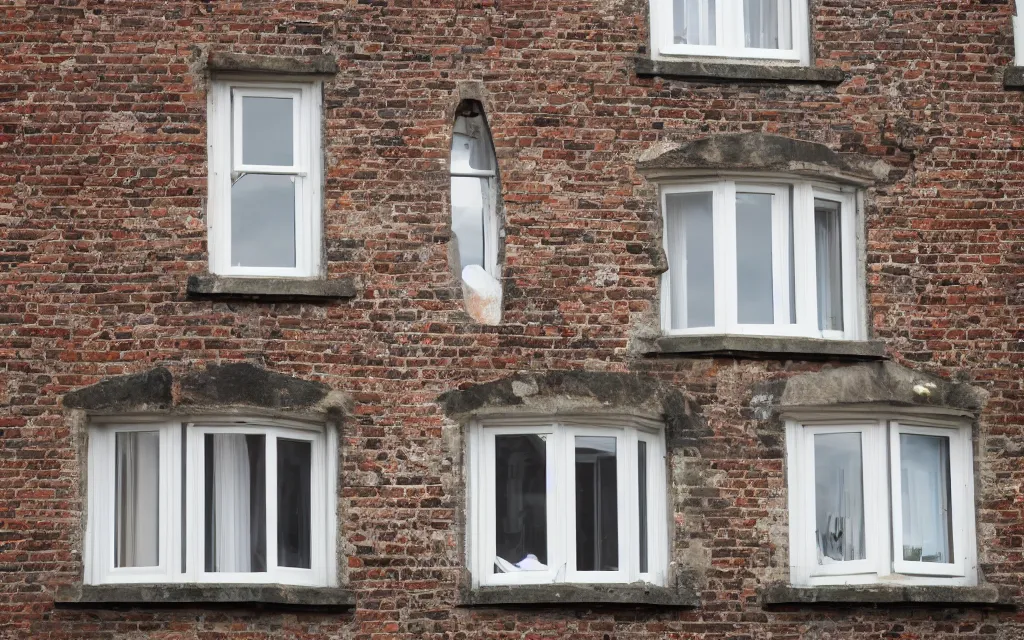 Image similar to single triangular or round sash window on a british wall, surprised and perplexed builders standing in front of it