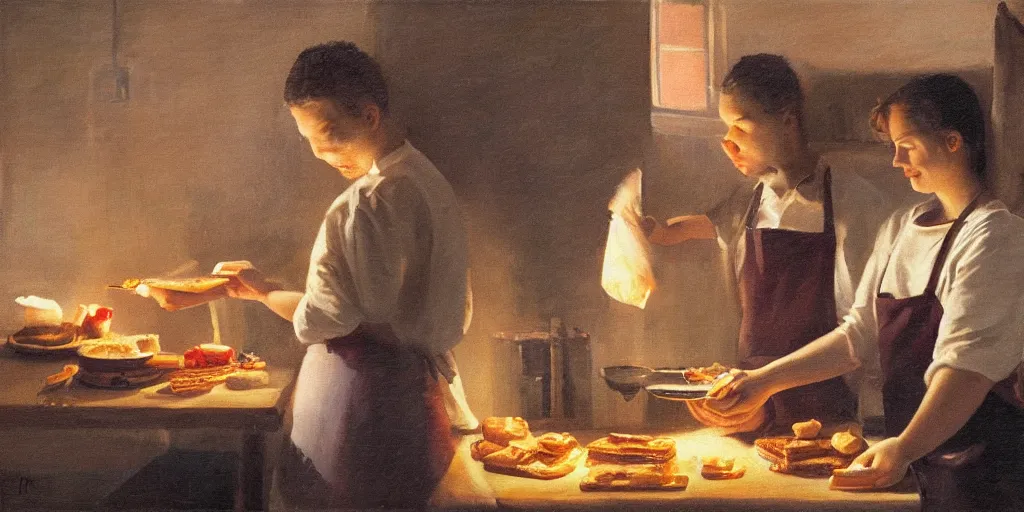 Image similar to oil painting of one young man and one young woman baking waffles in romantic light