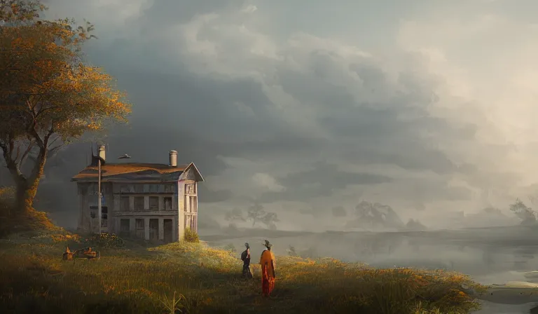 Image similar to A serene landscape with a singular building in the style of happy and joyful matte painting