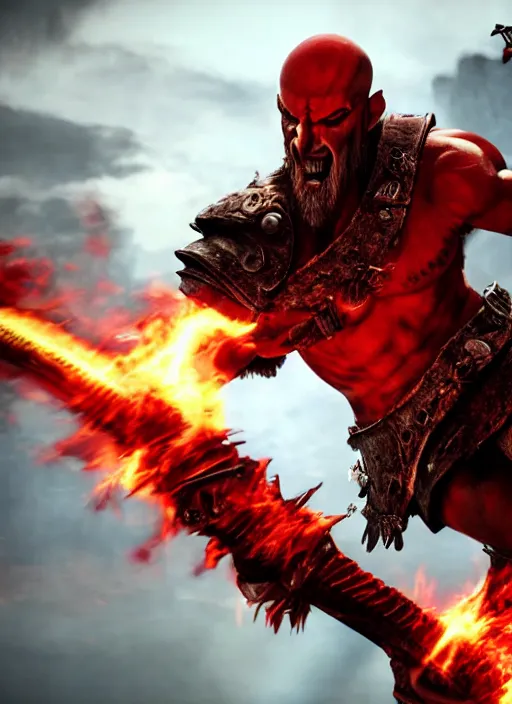 Image similar to red facial stripe armored screaming kratos rocking hard on a flaming stratocaster guitar, cinematic render, god of war 2 0 1 8, playstation studios official media, lightning, flames, clear, coherent, guitar