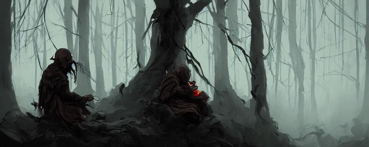 Image similar to duotone noir illustration close up of bald merchant demon sitting below willow tree in medieval brown tunic. foggy evening. dark dream atmosphere with volumetric hellish lighting, by sachin teng and sergey kolesov and ruan jia and heng z. graffiti art, scifi, fantasy, hyper detailed. octane render. concept art. trending on artstation