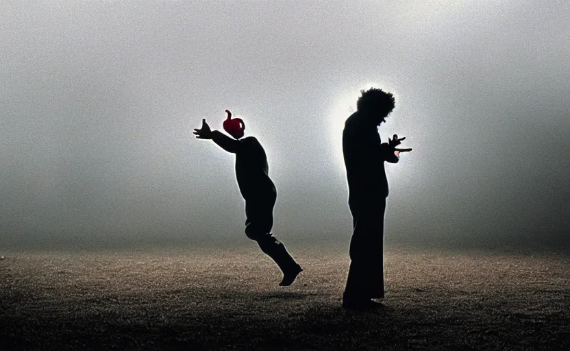 Image similar to cinematic shot of a happy juggling clown, moody scene from being john malcovich directed by charlie kaufman ( 2 0 0 1 ), foggy volumetric light morning, anamorphic lenses, kodak color film stock