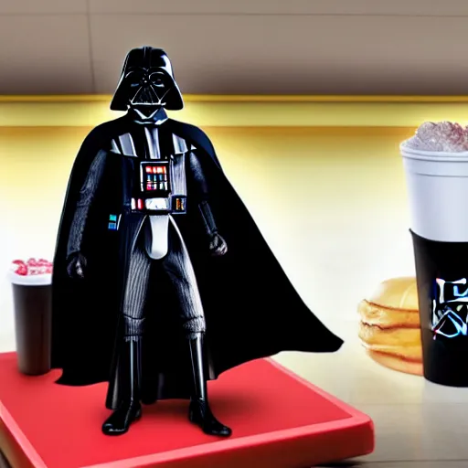 Image similar to A still of Darth Vader at McDonalds, 4k, photograph, ultra realistic, highly detailed, professional lighting